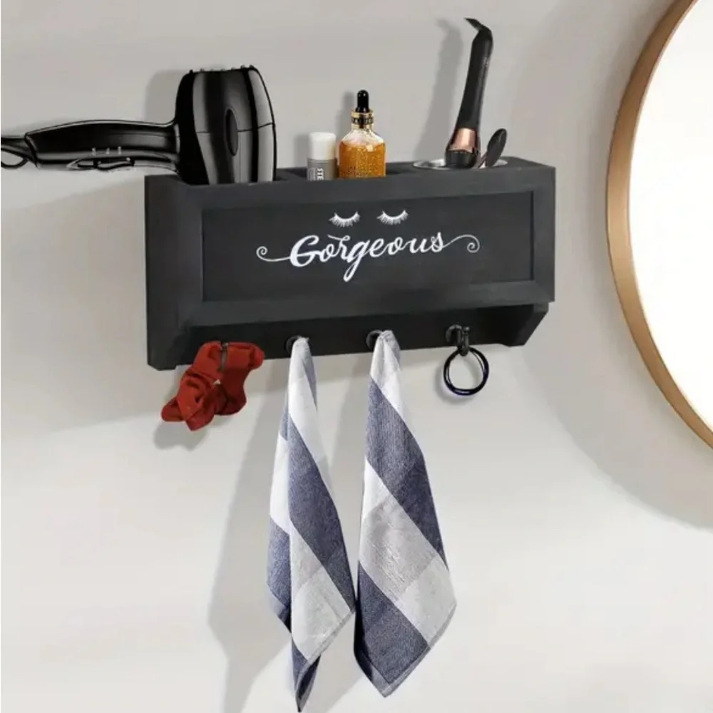 Gorgeous Black Wood Rustic Wall Mounted Storage Hair Tool Organizer with Hooks